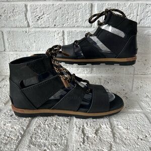 Sorel Black Gladiator Lace-Up Sandals with Tan Trim